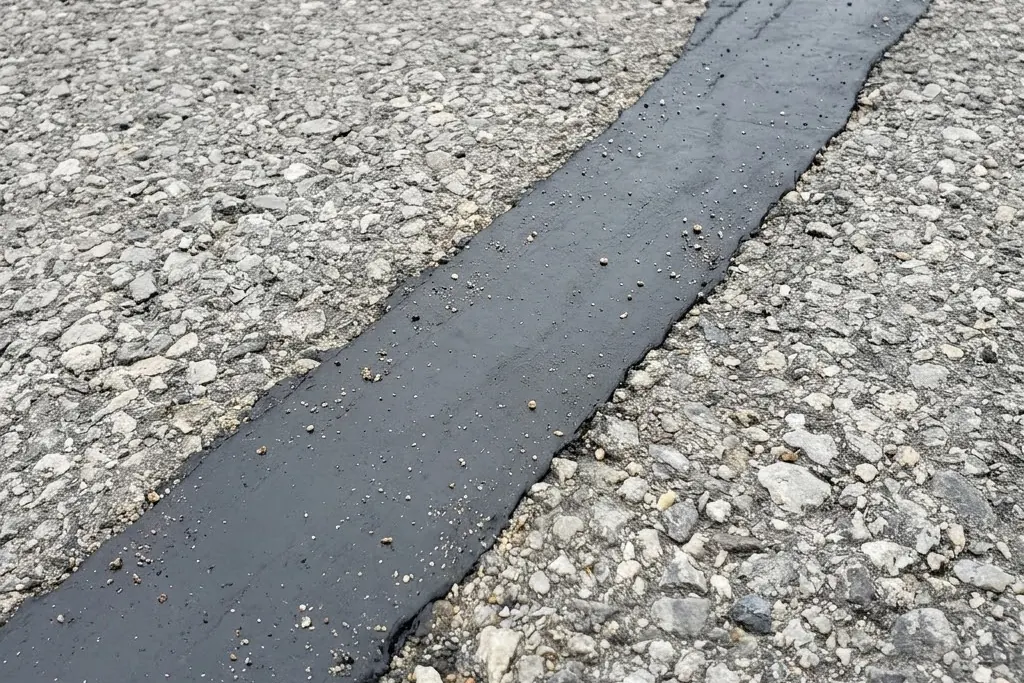 A rubber-sealed crack finished flush with the asphalt surface