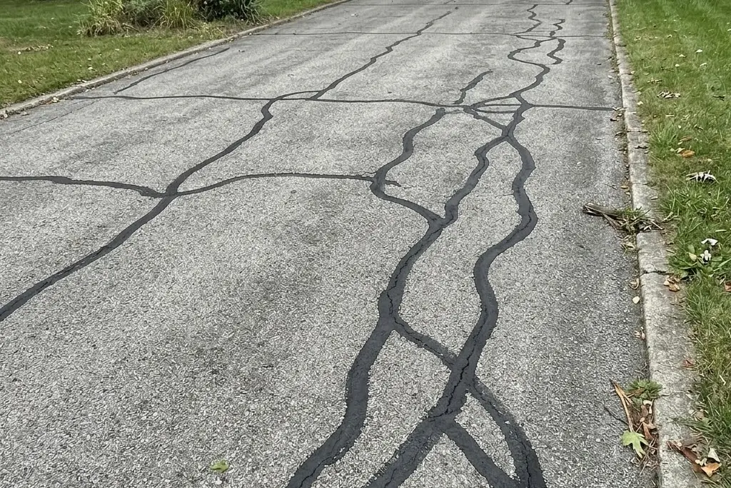 Sealed cracks running across an older but well maintained driveway