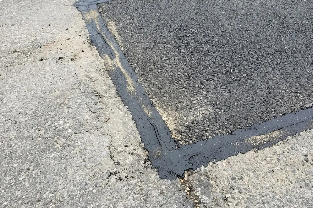The sealed perimeter joint around a completed asphalt patch