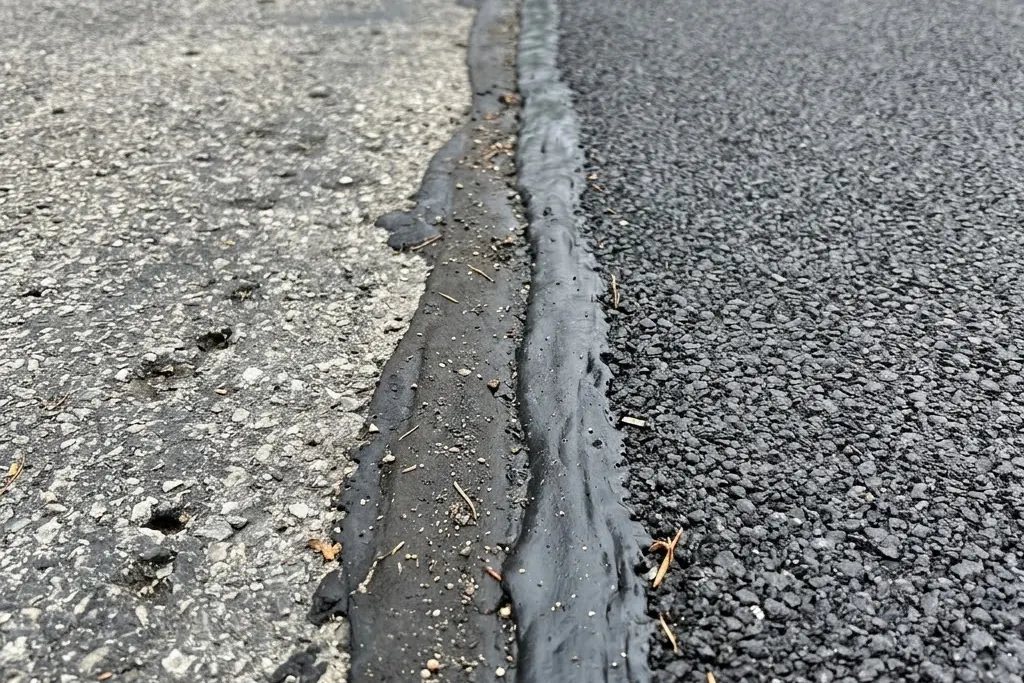 A sealed seam between a widened strip and the original driveway