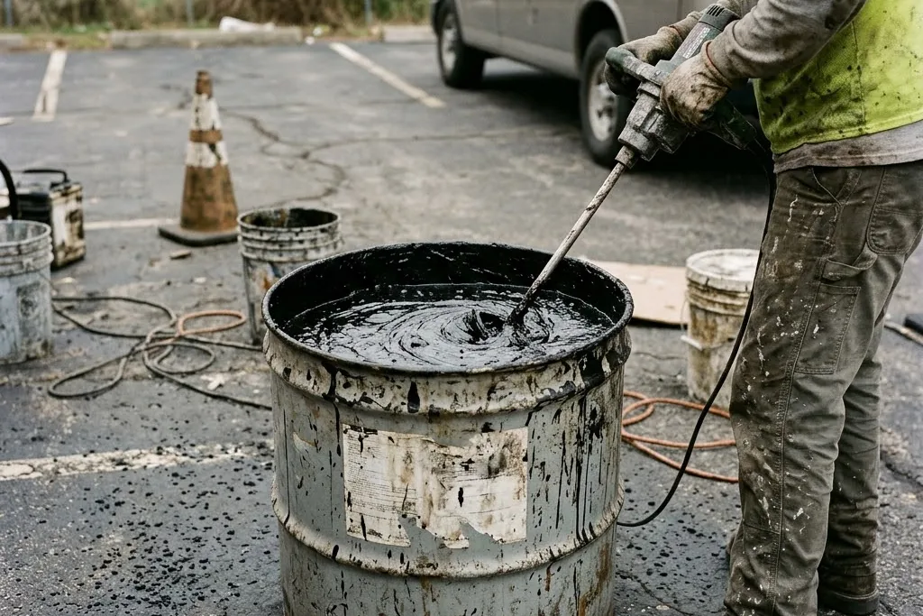 A sealer drum being mixed on site before application