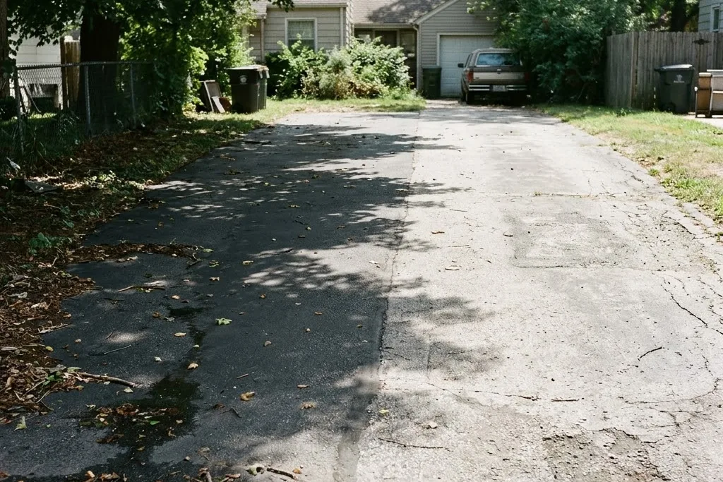 A driveway with one shaded half and one in full sun ageing differently