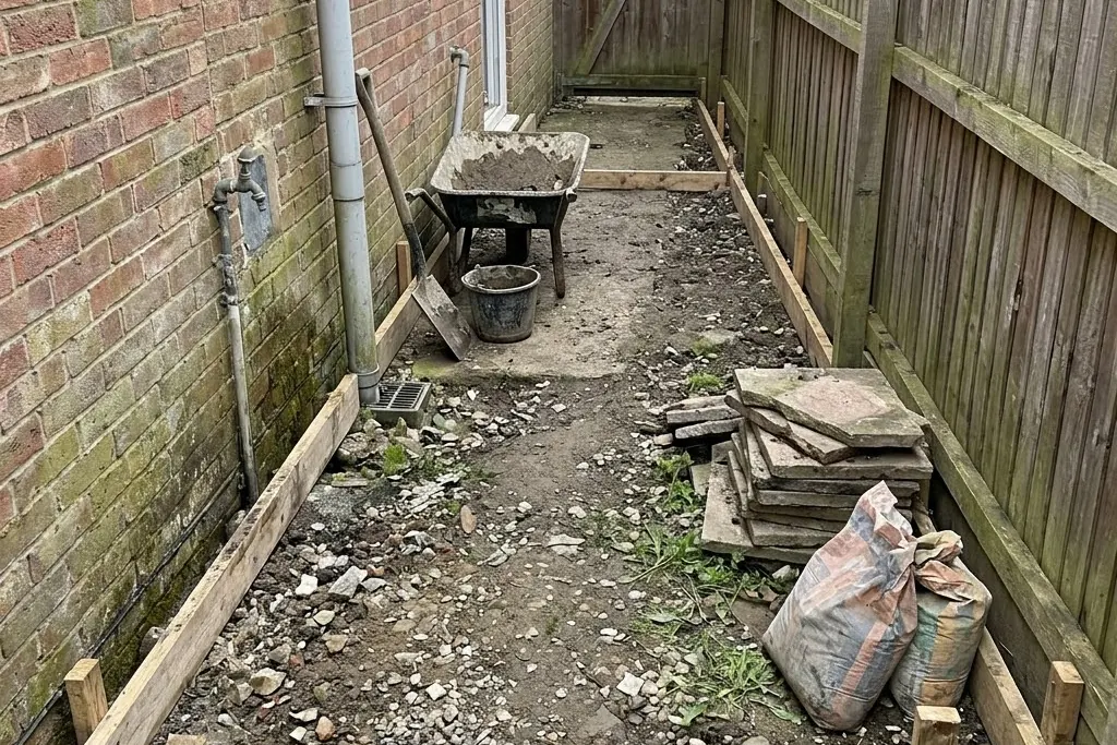 A small paved area where a pour suits the job better than machine laying