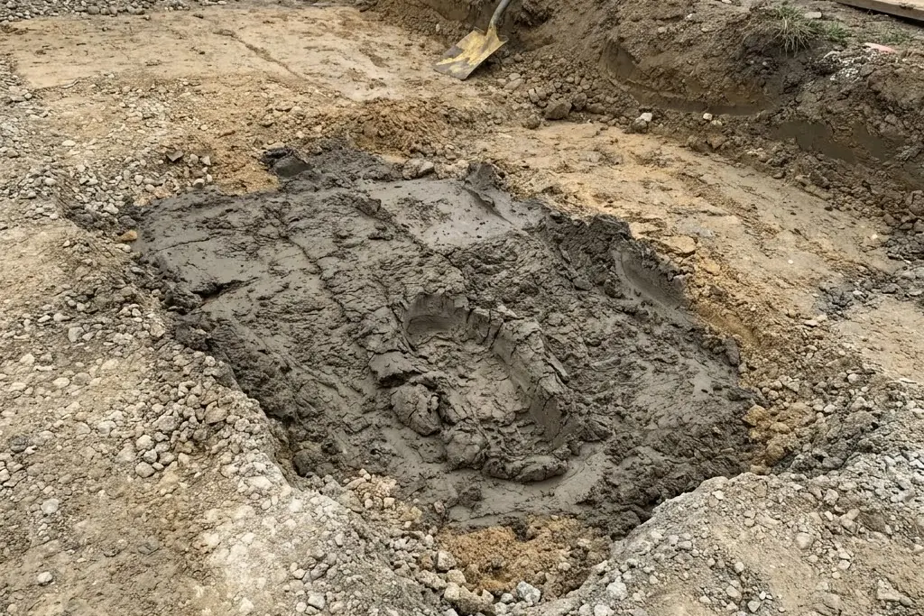 A soft spot in the ground found once the old surface was lifted