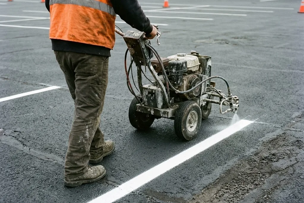 A striping machine laying a crisp white stall line across a lot
