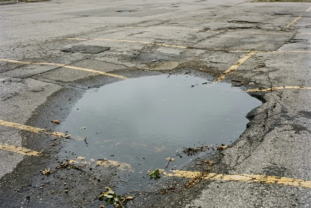A settled area of asphalt holding water after rain