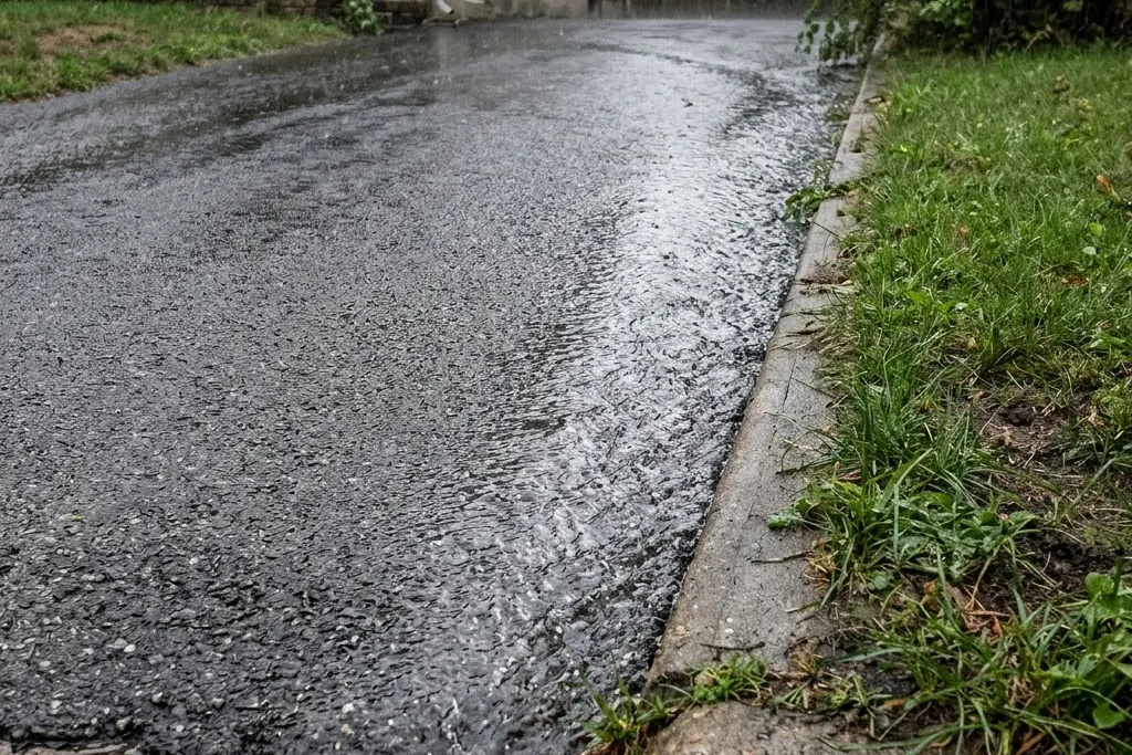 An asphalt surface in Edmonton shedding water cleanly after rain