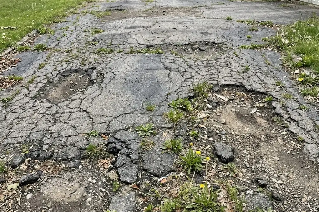 A failed asphalt surface that was advised against coating