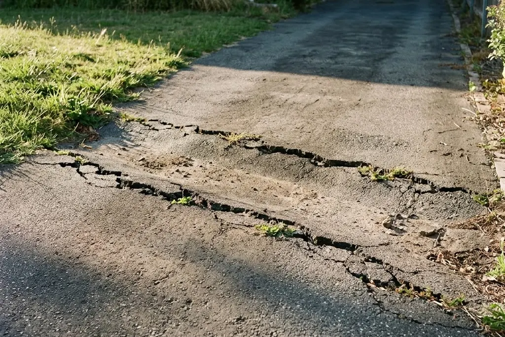A narrow line of settlement running across a driveway above a service trench