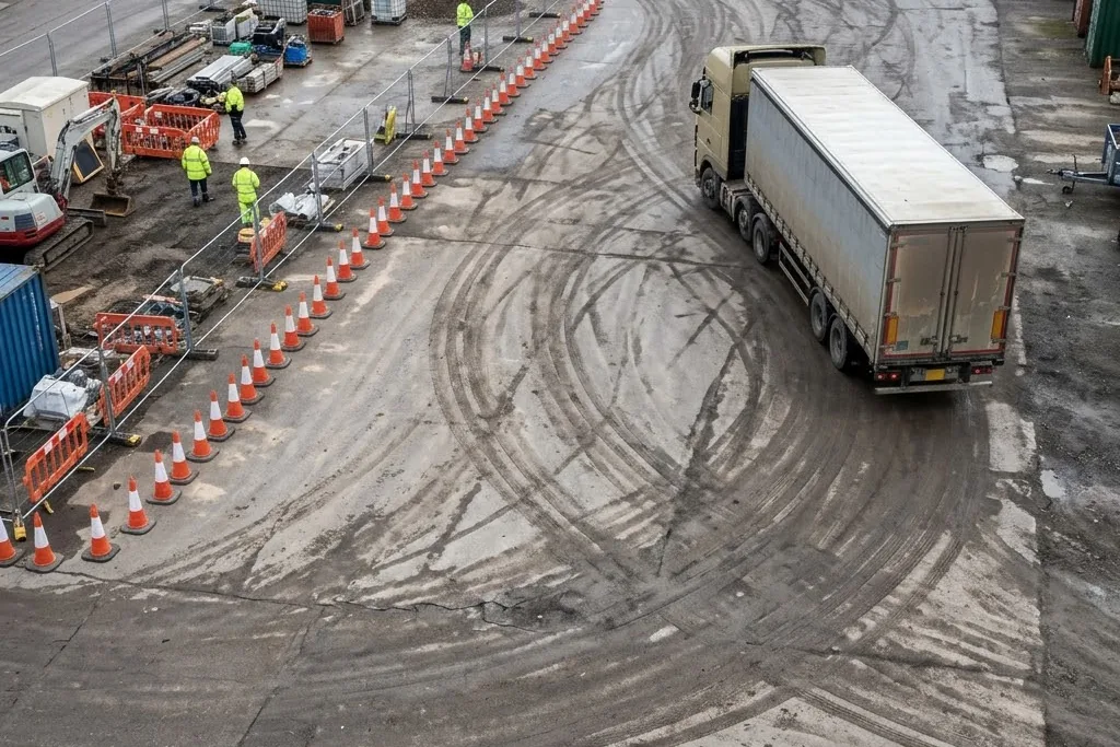 A paving phase laid out to preserve turning room for tractor units
