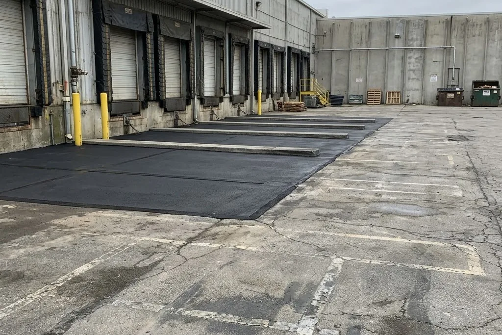 A warehouse dock apron built heavier than the surrounding yard