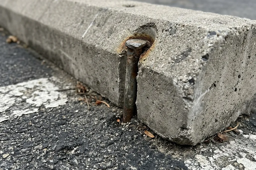 A wheel stop pinned into the asphalt at the head of a stall