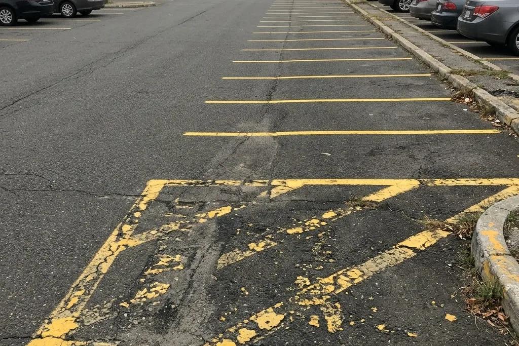 Worn stall markings at the end of an aisle where vehicles turn